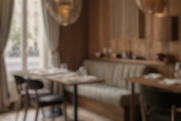 Elegant Restaurant Interior Blurry Dining Scene with Tables with Chairs, and Ambiance.