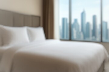 Defocused Background of Modern Bedroom Interior with City View and Elegant Decor in High Rise Building Close to Urban Skyline. Blurred Background Photo.