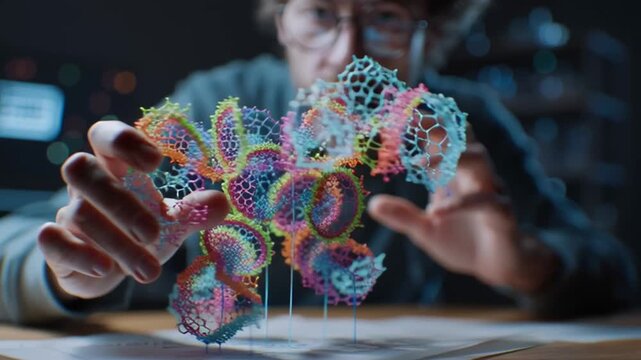 Molecular research development Show a scientist intensely studying a complex 3D protein structure rendered as a vibrant, holographic model floating above their desk, manipulating its shape with hand g