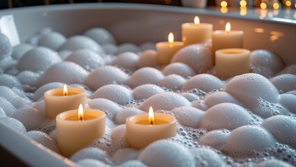Relaxing bath with candles and bubbles for spa and wellness