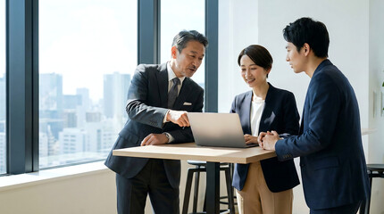 Three business people collaborating on a laptop in a modern office discussing ideas and planning strategy with a cityscape view