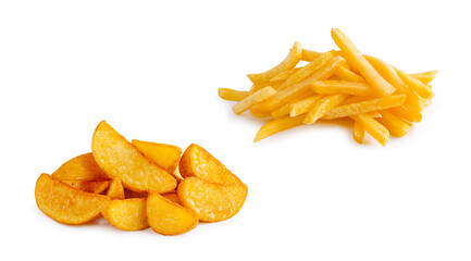 Different styles of potato preparation served on a white background