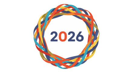 Colorful abstract circle design featuring the year 2026 isolated on