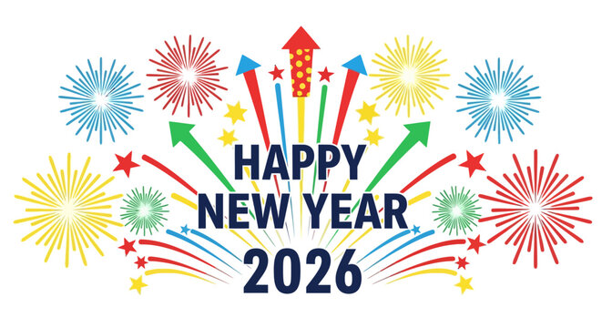 Happy new year 2026 greeting card with colorful firework explosion