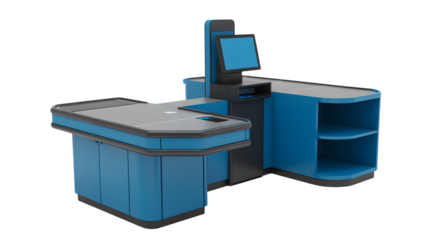 A modern retail checkout counter with a computer screen and shelves stands ready for transactions.