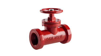 A red gate valve with a wheel is shown against a black background.
