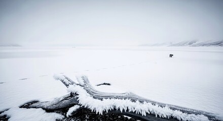 Frozen landscape with snow-covered driftwood and distant animal  