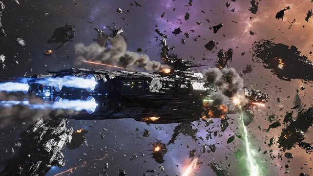A large spaceship engaged in a fierce space battle amidst debris and explosions, with laser fire and engine thrust visible in a cosmic setting.