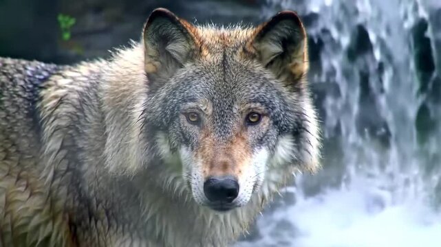 A close-up portrait of a wolf, looking directly at the viewer with a waterfall in background