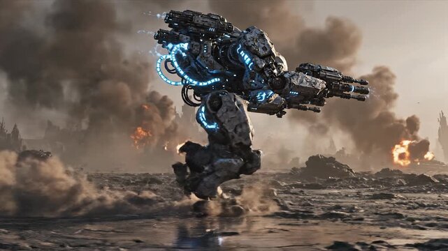 A large, heavily armed bipedal mech with glowing blue accents stands in a smoky, war-torn battlefield.