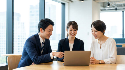 Three smiling business people looking at a laptop in a bright office teamwork and collaboration modern workplace