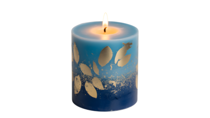 A lit blue candle with gold leaf designs glows brightly.