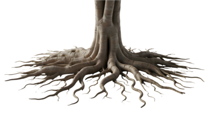 Tree roots anchor deep into the dark earth spreading widely to find nourishment.