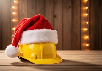 Christmas construction worker safety concept with santa hat on yellow hard hat holiday season