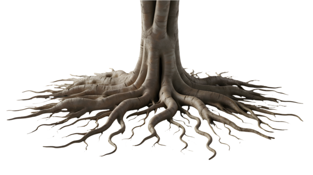 Tree roots anchor deep into the dark earth spreading widely to find nourishment.