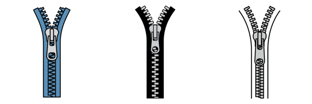 Colorful zippers with sliders on a transparent background