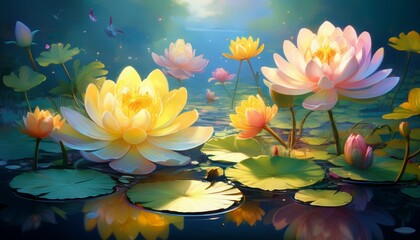 Beautiful Lotus Flowers Floating on Water Serene Pond Landscape