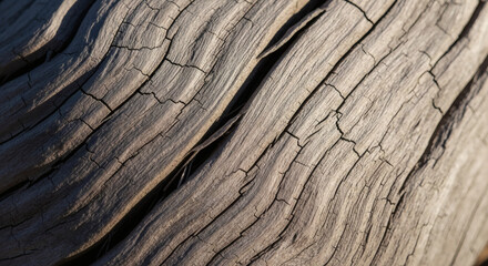 Obraz premium Weathered driftwood texture with natural cracks and patterns, perfect for rustic designs and backgrounds, showing age and beauty, ideal for coastal themes