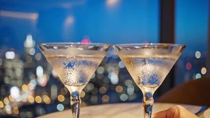 Elegant Martini Glasses with Sparkling City Skyline View at Night - Powered by Adobe