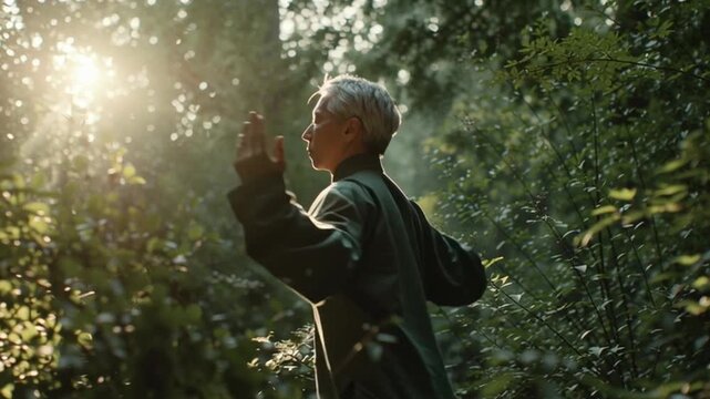 Natural energy flow, person doing tai chi in green forest, sunlight filtering through leaves, cinematic harmony of movement and nature, calm rhythm of breath and motion, emotional clarity.