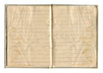 small old notebook with vintage yellow brown paper cloth cover and writing lines inside open and isolated on white