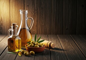 Olive oil still life photography with green olives and glass bottles on a wooden table top view