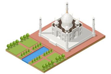 Isometric illustration of the Taj Mahal with gardens, pathways and water canal, showing the famous monument in detailed architectural style.