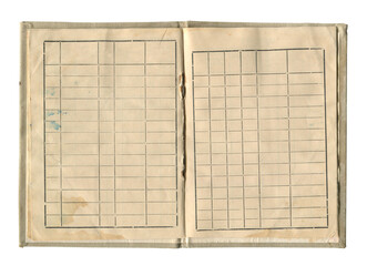 small old notebook with vintage yellow brown paper cloth cover and empty spreadsheet accounting charts inside open and isolated on white