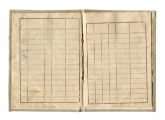 small old notebook with vintage yellow brown paper cloth cover and empty spreadsheet accounting charts inside open and isolated on white