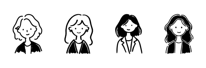 Fototapeta premium Four Female Characters Line Icon Set In Doodle Style. Diverse Women Representation And Professional Attire Outline Sketch Collection. Hand Drawn Isolated Vector Illustration