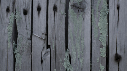 Weathered Gray Wood Fence Planks with Green Lichen, Rustic Texture Background, Close-Up of Old Wooden Boards with Knots and Cracks, Natural Wood