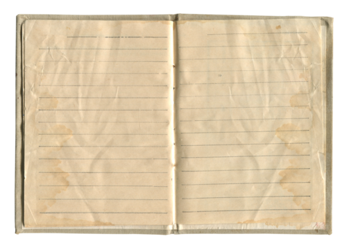 small old notebook with vintage yellow brown paper cloth cover and writing lines inside open and isolated on white