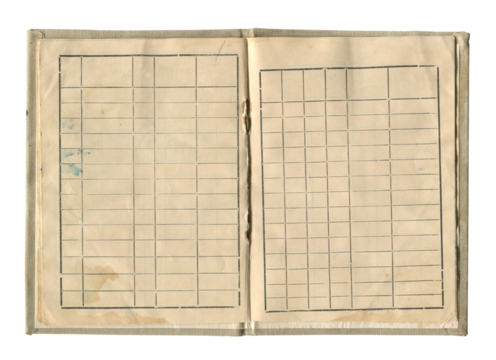 small old notebook with vintage yellow brown paper cloth cover and empty spreadsheet accounting charts inside open and isolated on white