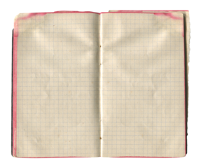 Open vintage squared notebook with aged yellow paper, grid math pattern and red stained edges