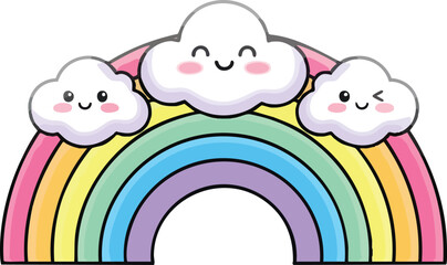 Obraz premium Cute Rainbow with Smiling Clouds Illustration.
