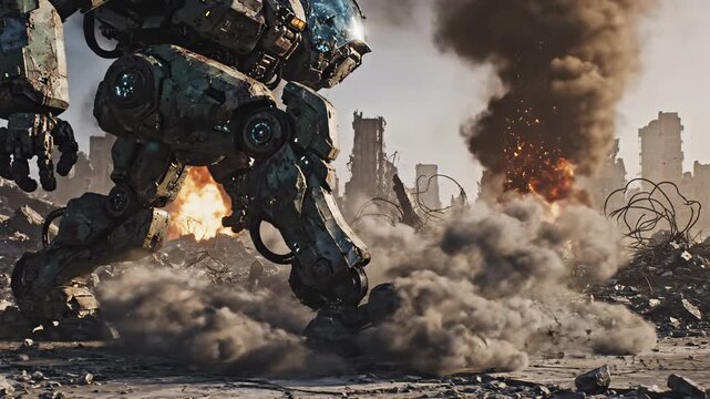 A giant combat robot stomps through a devastated city battlefield with smoke and explosions.