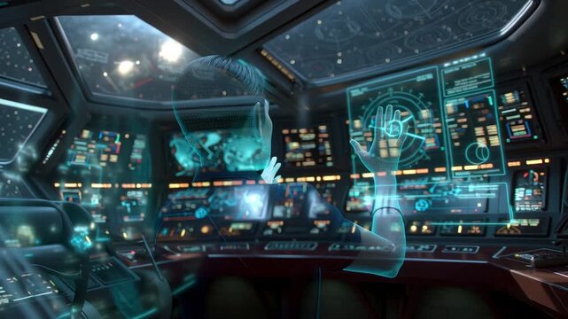 Holographic Projection of a Serious Man Communicating in a Futuristic Spaceship Command Center