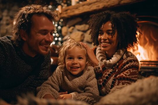 Happy multi ethnic family with a little child admiring of fire by the fireplace at home for Christmas