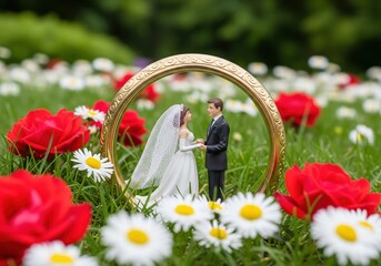 Wedding miniature in garden with roses and daisies for wedding planning and wedding decoration ideas