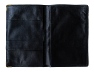 small open notebook dark black plastic covers on white