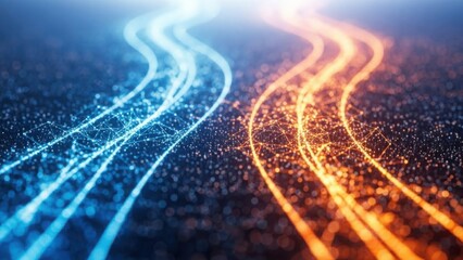 Dynamic digital data flow: contrasting blue and orange energy streams connecting