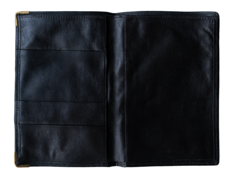 small open notebook dark black plastic covers on white