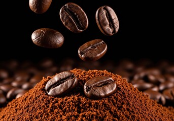 Fresh roasted coffee beans falling on ground coffee for a delicious morning caffeine boost drink
