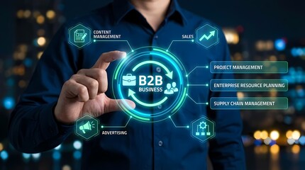 A businessman holds a futuristic interface displaying B2B business operations with key features like project management, analytics, and supply chain management in a professional setting.