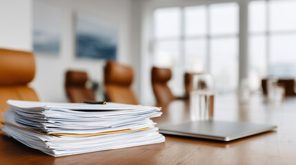 Stack of documents and a laptop on a table in a conference room preparation for a business meeting.