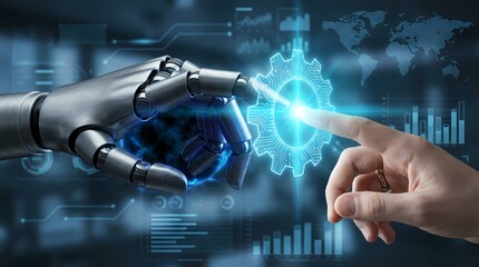 A robotic hand and a human hand are reaching out to connect, symbolizing the fusion of technology and humanity in the digital age, showcasing innovation and collaboration.