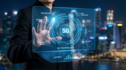 A businessman interacts with a futuristic digital interface showcasing 5G technology, emphasizing connectivity, speed, and innovation against a vibrant city skyline backdrop.