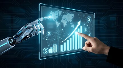 A futuristic robotic arm and a human hand interact with a digital display showcasing financial growth trends, currency symbols, and a world map, symbolizing AI and economic advancement.
