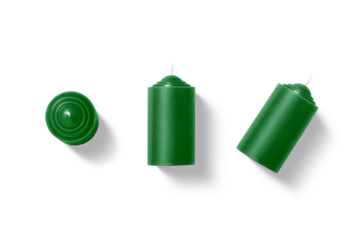 Set of green Christmas candles in different positions isolated on a transparent background. Minimal festive composition for holiday decoration, winter celebration and religious winter traditions.