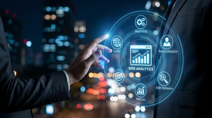 Business professionals in suits interacting with a futuristic dashboard displaying web analytics and data visualization at night in an urban setting.